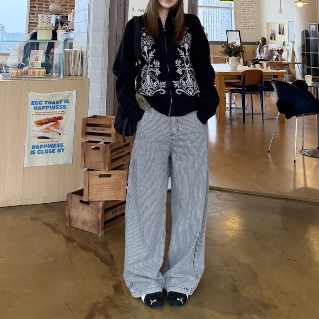 ハートロゴヒッコリーストライプワイドパンツ 1col   R02339