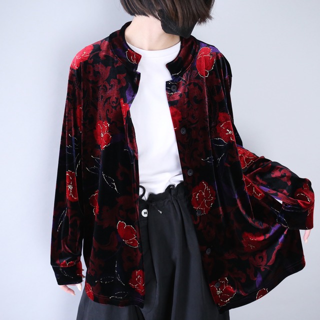 elegant flower art pattern mao-collar velours shirt