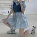 【2点セット】2色/デニムビスチェ+パフスリーブティアードフレアシャツワンピ ・78486