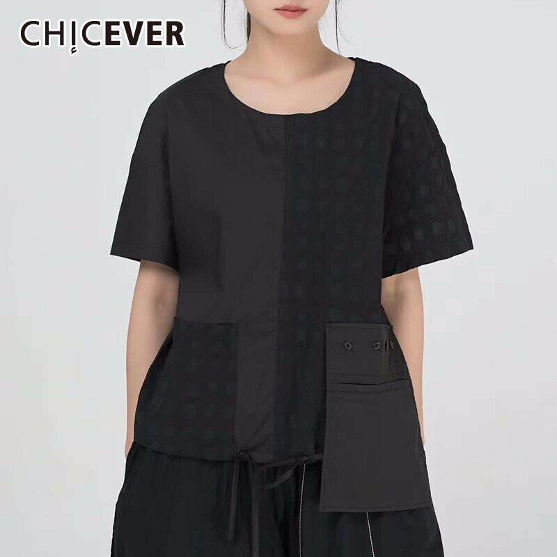 CHICEVERパッチワークレディースTシャツOネック半袖ポケットフリーサイズルーズサマーシャツ2020 ショート ハーフスリーブ 夏物 6base536007117352
