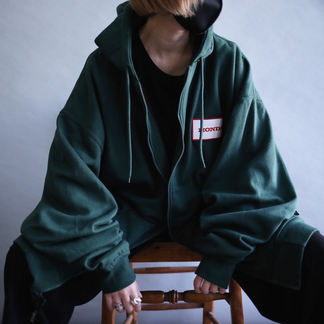 "HONDA" wappen XXXL super over size deep green zip-up sweat parka
