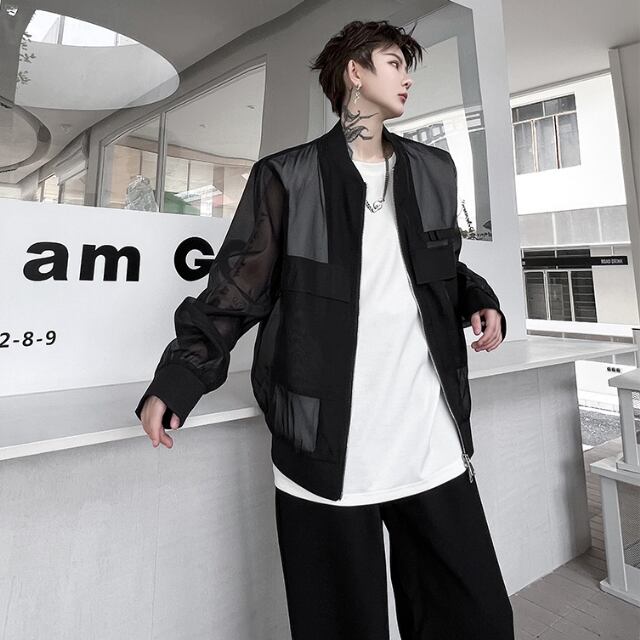 【予約販売】ブルゾン ジップアップ 長袖 透け感 肌見せ シアー メンズ 無地 ホワイト ブラック カジュアル シック こなれ感 お洒落 韓国 トレンド 春 秋 夏 M/L/XL