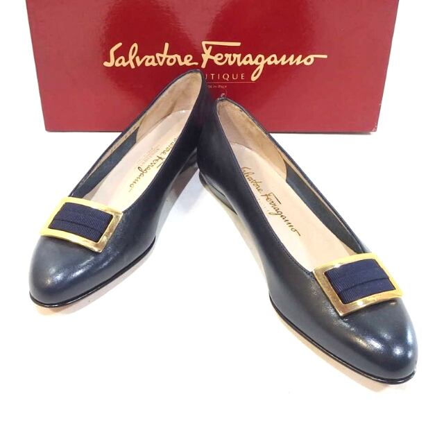 修理済 Ferragamo 23.5 ネイビー 濃紺 パンプス