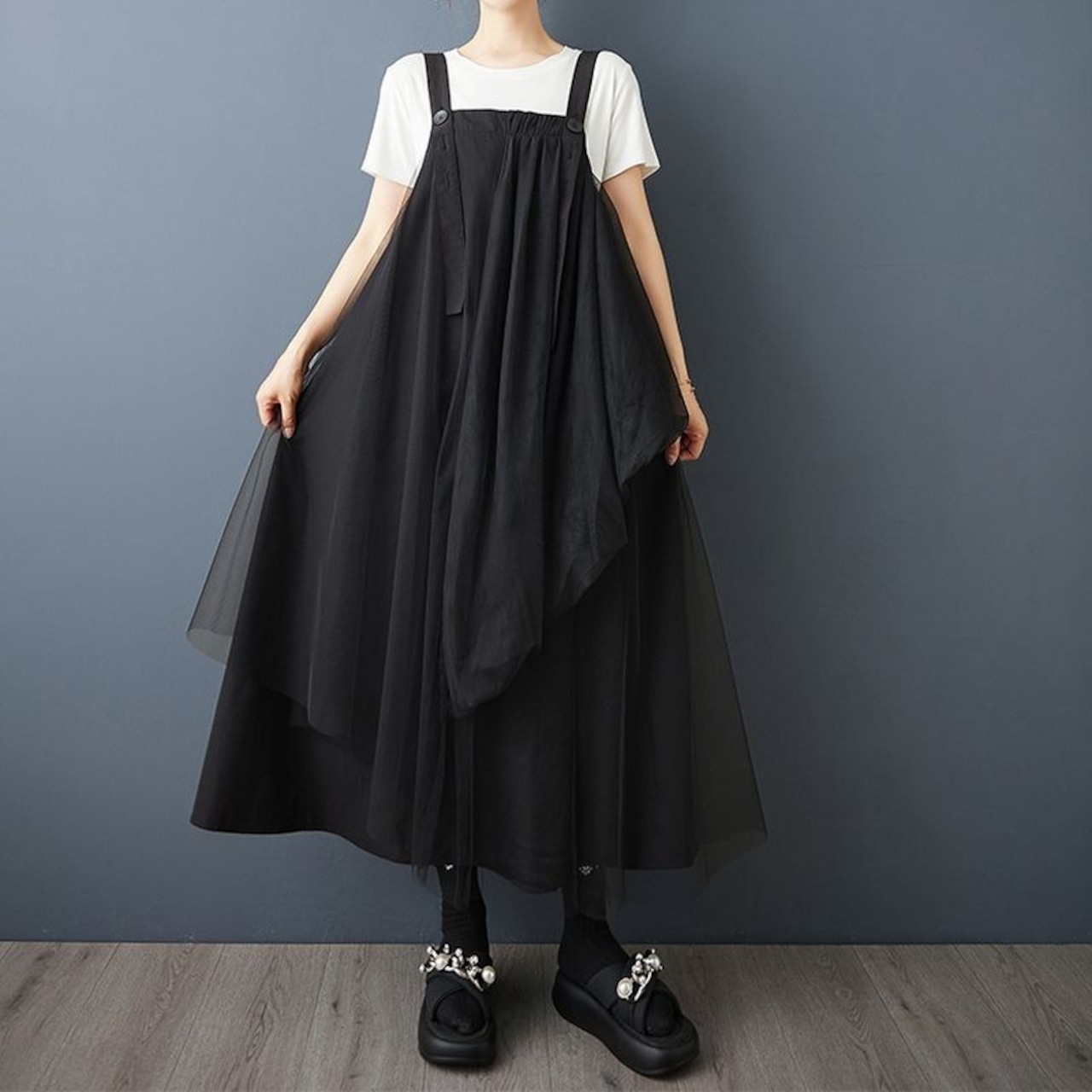 チュールレイヤード サスペンダースカート 00101