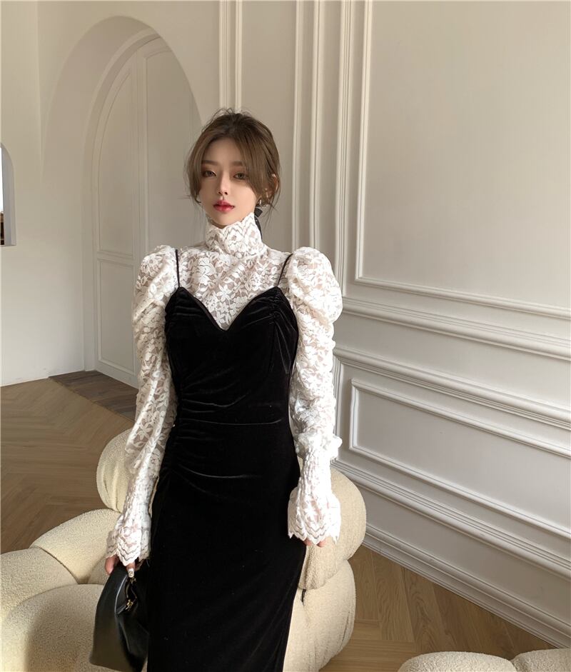 ベルベットドレス ブラックウェストスカート スプリングスタイル薄手 春物 ブラックストロベリース98586468240