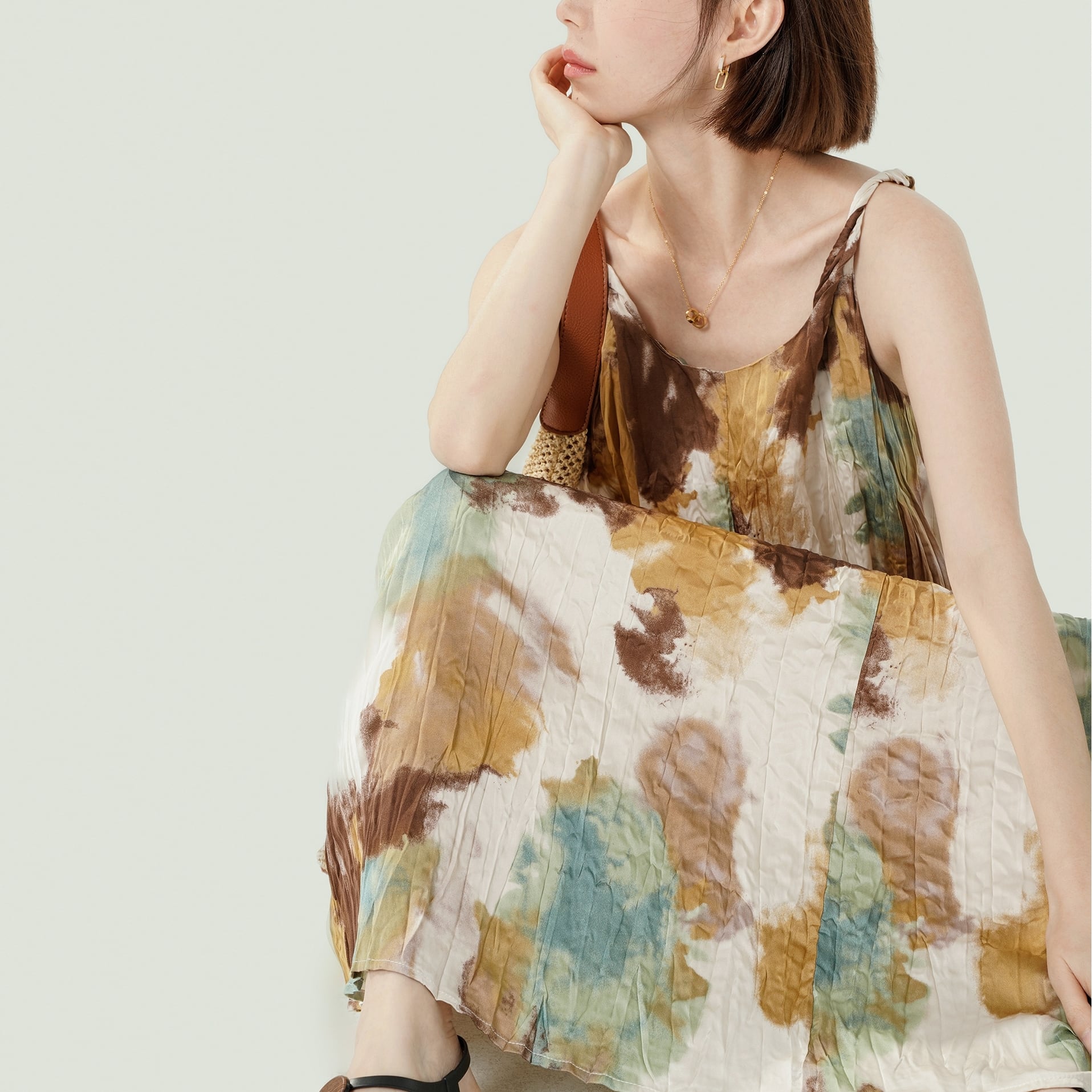 painterly print washer pleated one-piece