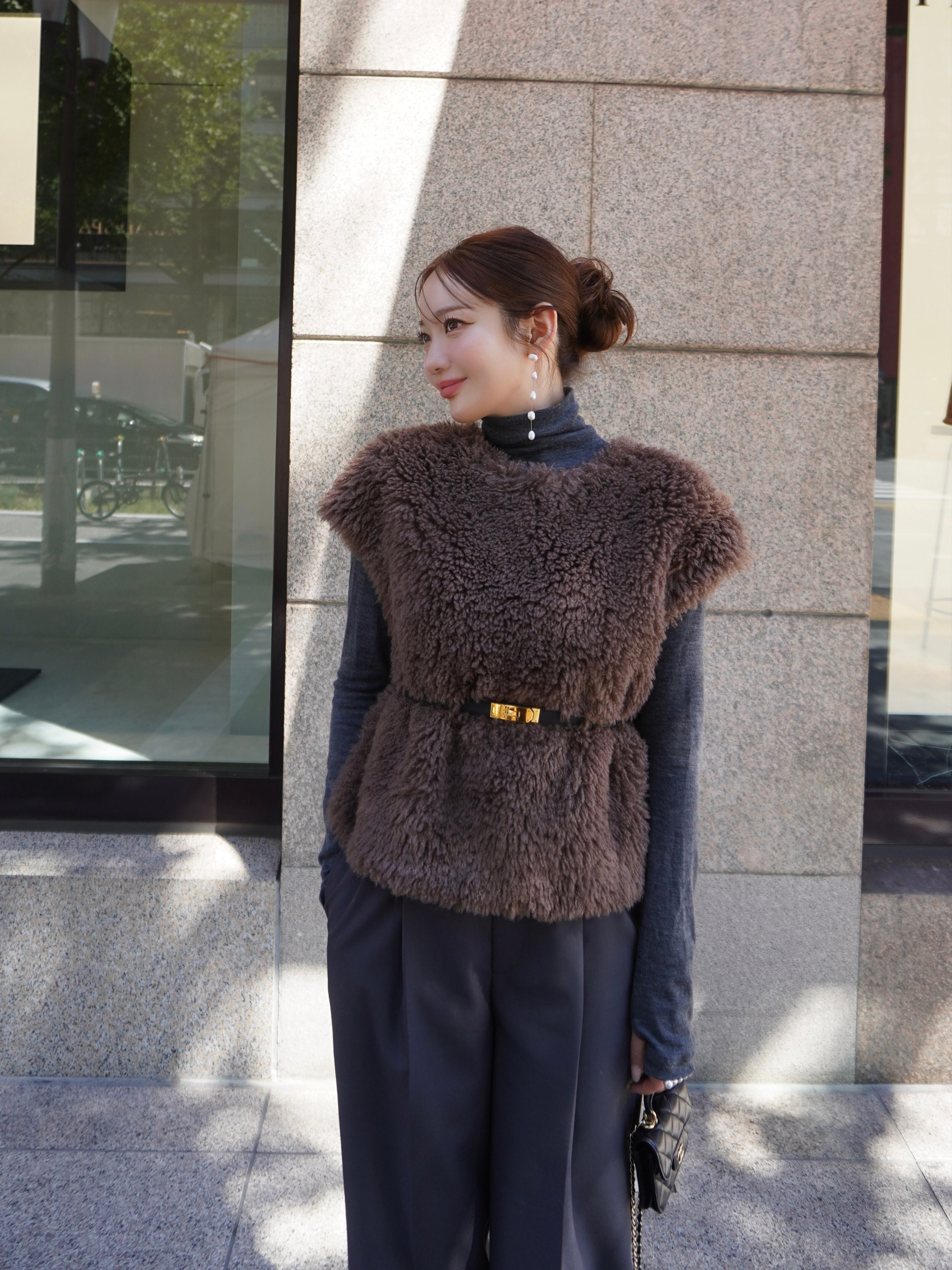 HYEON】fur gilet brown 