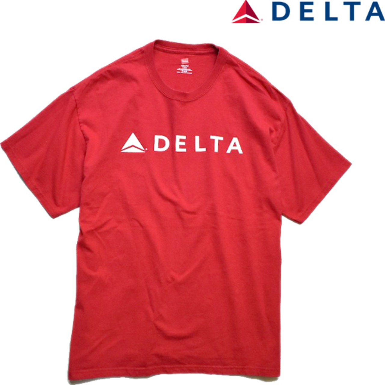 1点物◇US企業物デルタ航空DELTA赤プリントTシャツ古着LメンズXL 
