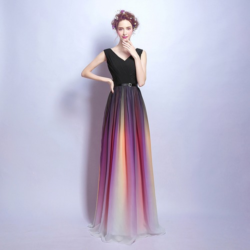 イブニングドレス ワンピース ロング丈 Vネック ノースリーブ シフォンスカート 虹 グラデーション ベルト付き 編み上げ 女神風 ブラック レディース　BADA0062