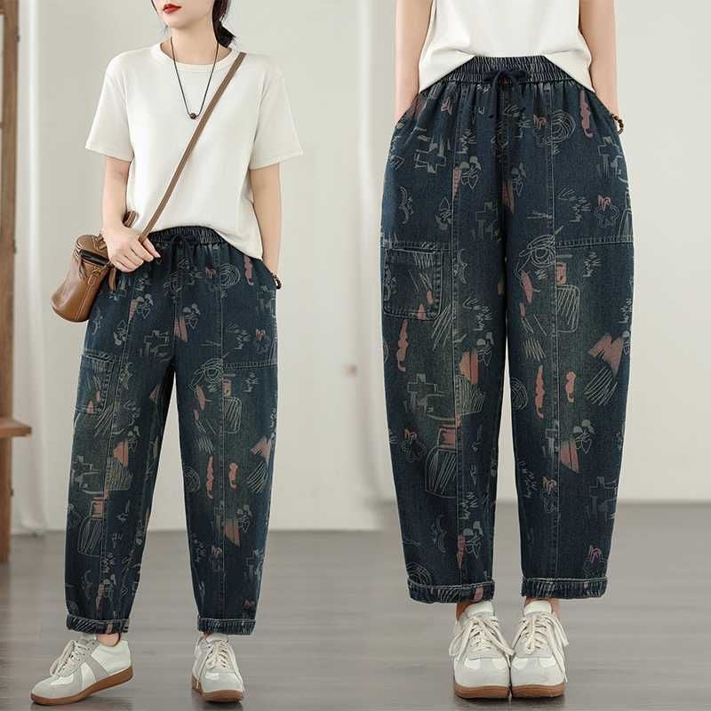 ILLUSTRATION PRINT DRAWSTRING WAIST CROPPED DENIM PANTS 1color M-15825