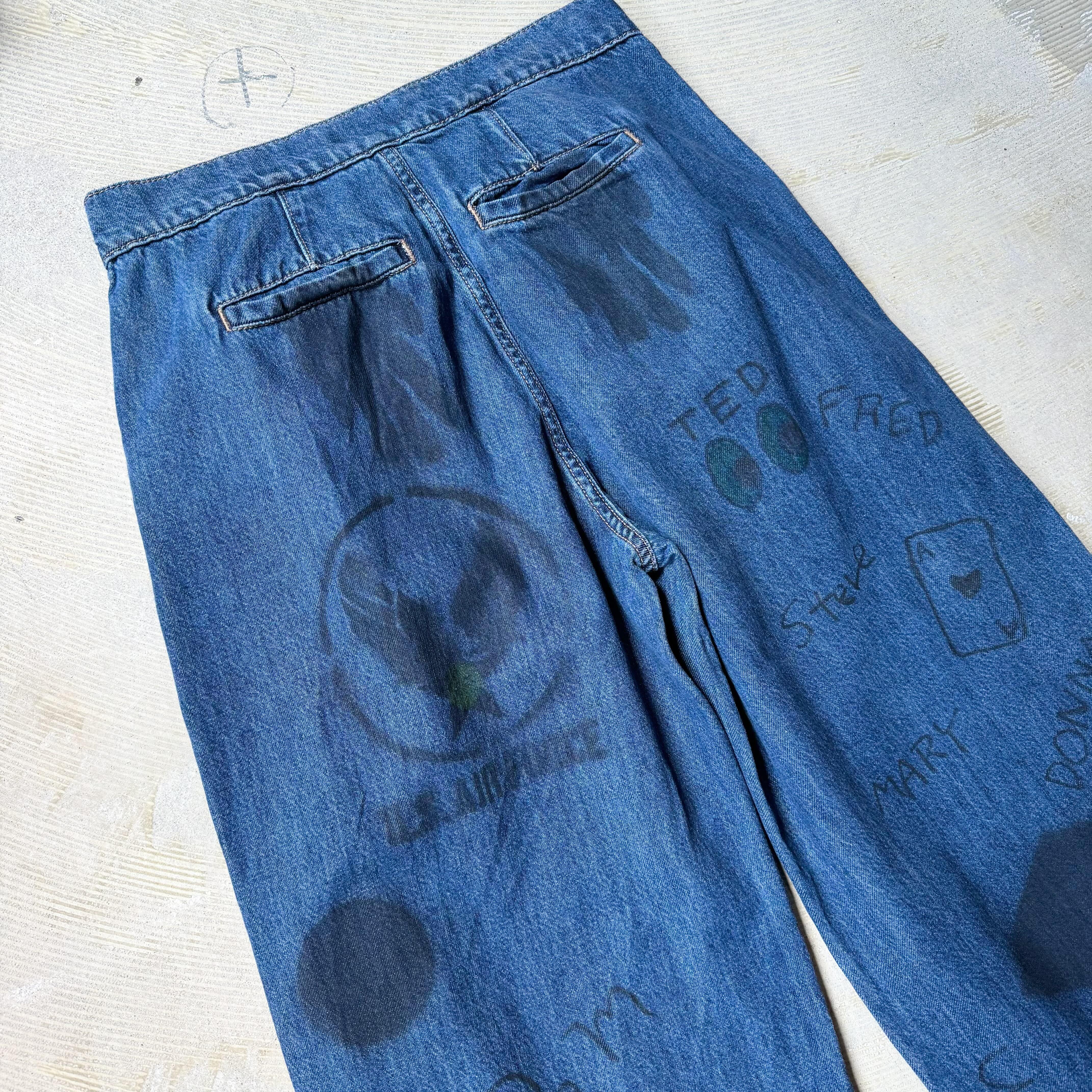 HAND PAINTED STENCIL MEMORIAL ART WIDE DENIM PANTS / ハンド