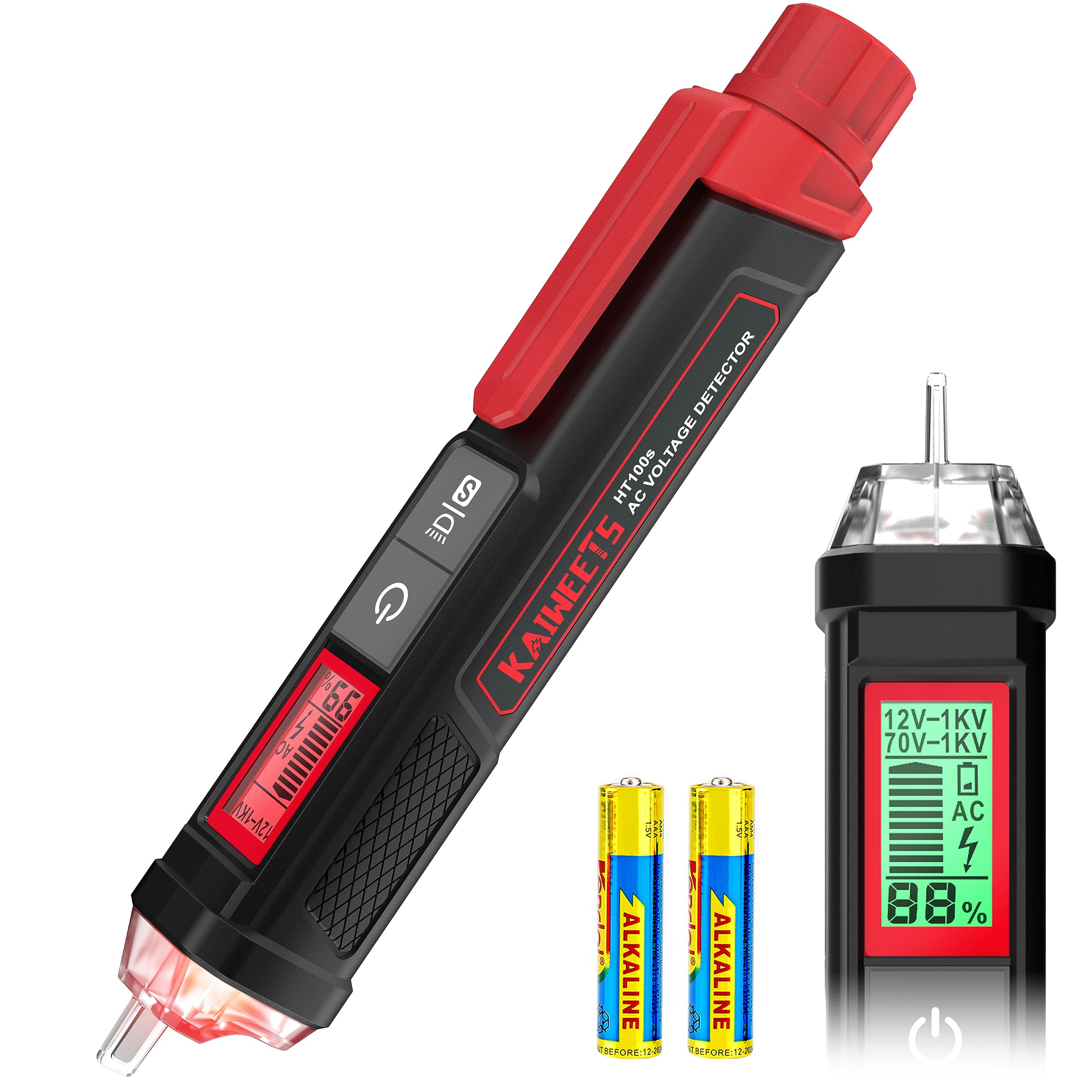 【新着特価】KAIWEETS 検電器 12-1000V AC / 70-1000V AC感度調節 検電ドライバー ペン型 LED懐中電灯付き パーセント表示 通電チェッカー 非接触電圧検出