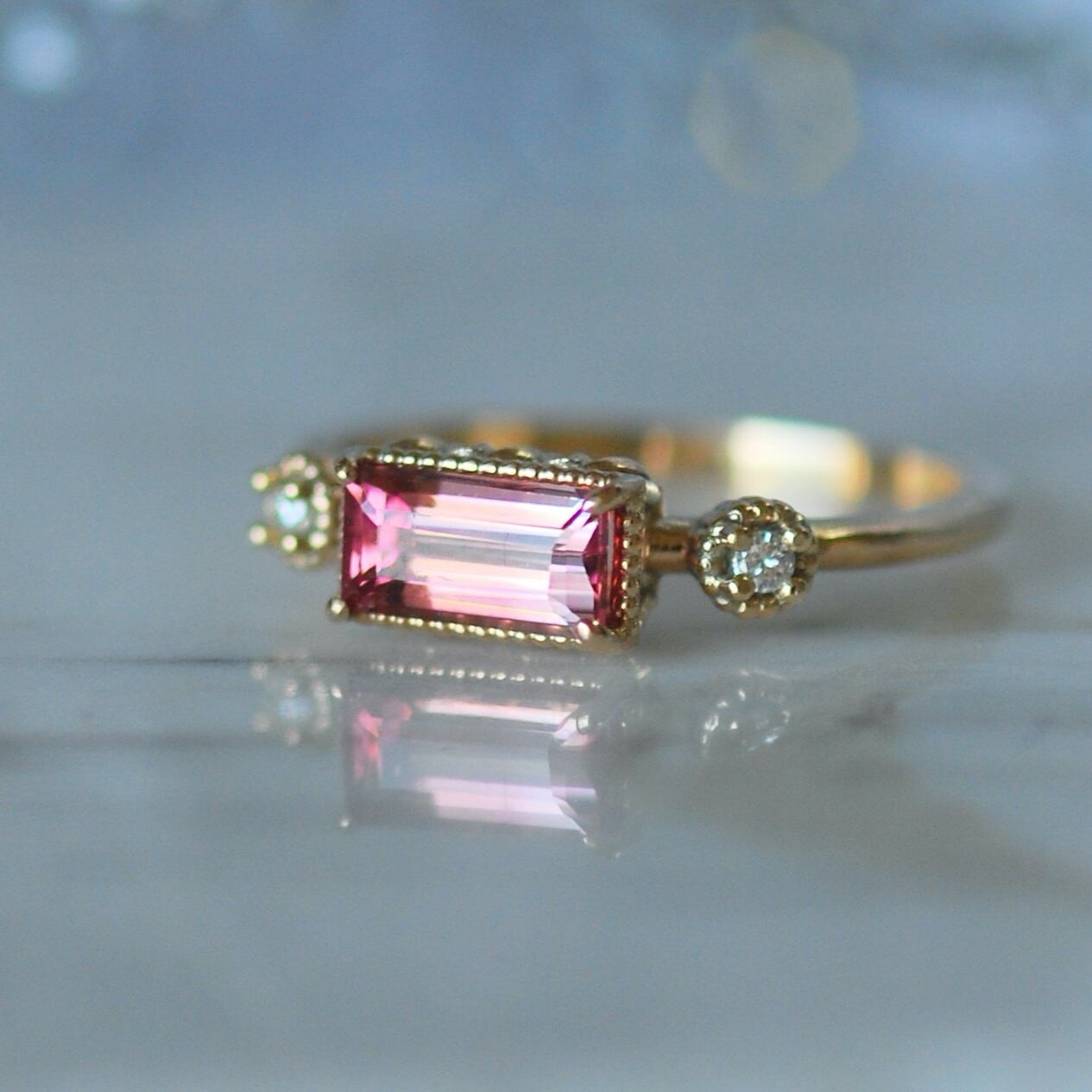 上品】 【0.46ct】バイカラートルマリンのシンプルリング 9号 K18YG