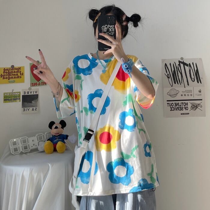 ルーズカジュアルTシャツ レディースプリントトップス コットン 大きめサイズ かわいい ケッペル83799382309