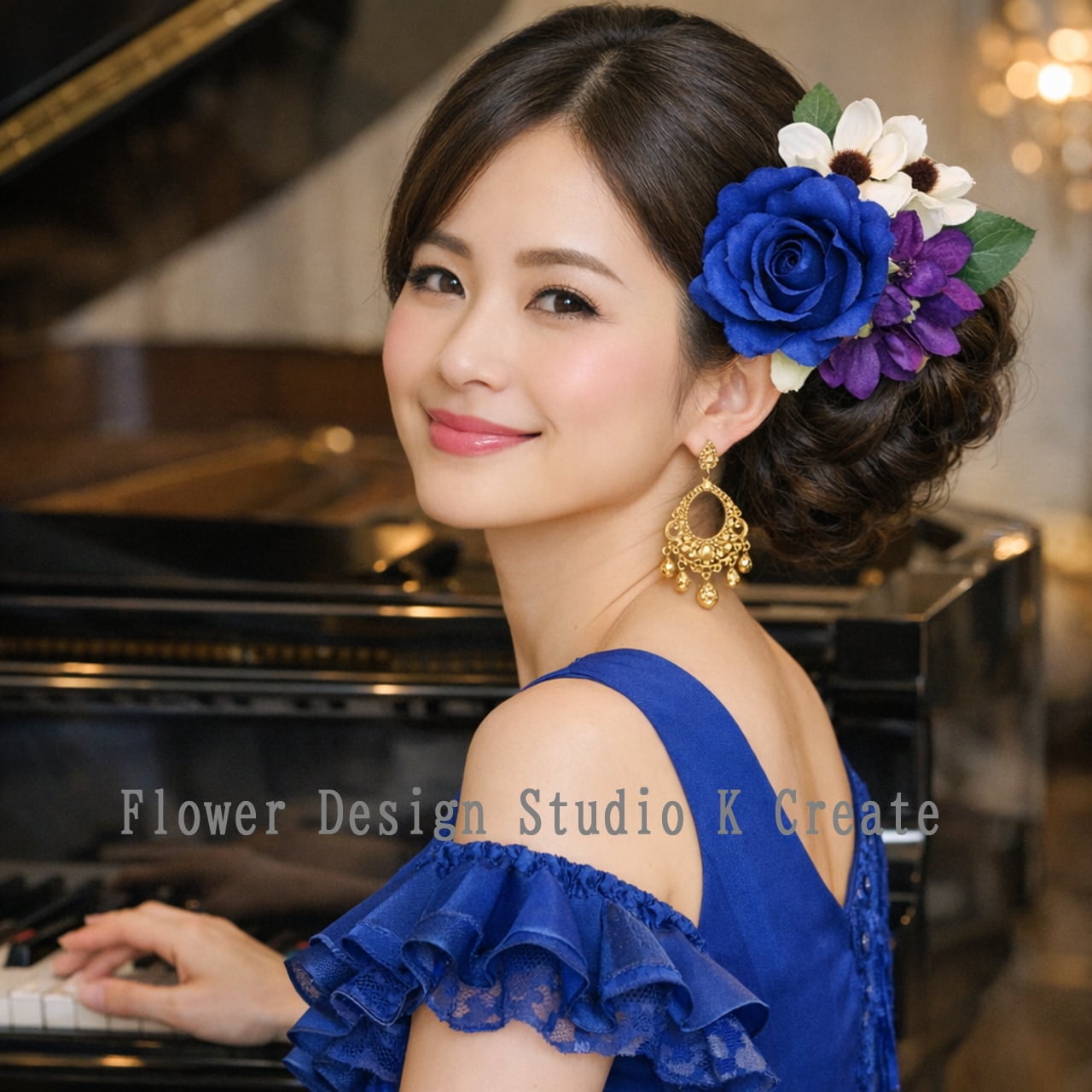 青い薔薇とオフホワイトのアネモネの髪飾り 紺 ネイビー 紫 パープル 紫陽花 バラ アネモネ 髪飾り ウェディング 結婚式 ヘッドドレス