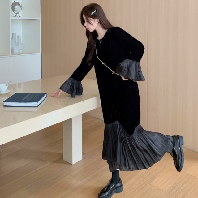 予約販売】ワンピース ロング丈 レディース Aライン 無地 長袖