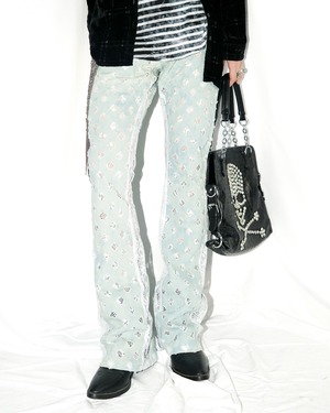 Vintage diamond cut fringe design side lace flare denim "ICE BLUE"