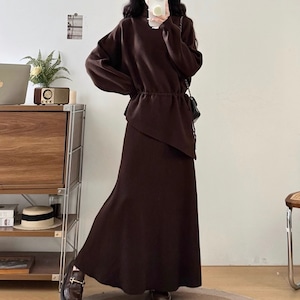 【2点セット】2色/タートルネックアシメヘムニットトップス+マキシスカート ・73378 【2点セット】2色/タートルネックアシメヘムニットトップス+マキシスカート ・73378