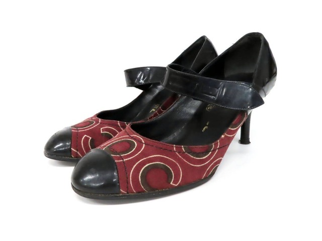 【美品】CHANEL シャネル COCO ココ 英字 柄 キャンバス×エナメルレザー ストラップ パンプス ヒール 靴 36 ボルドー×黒 伊製 ヴィンテージ