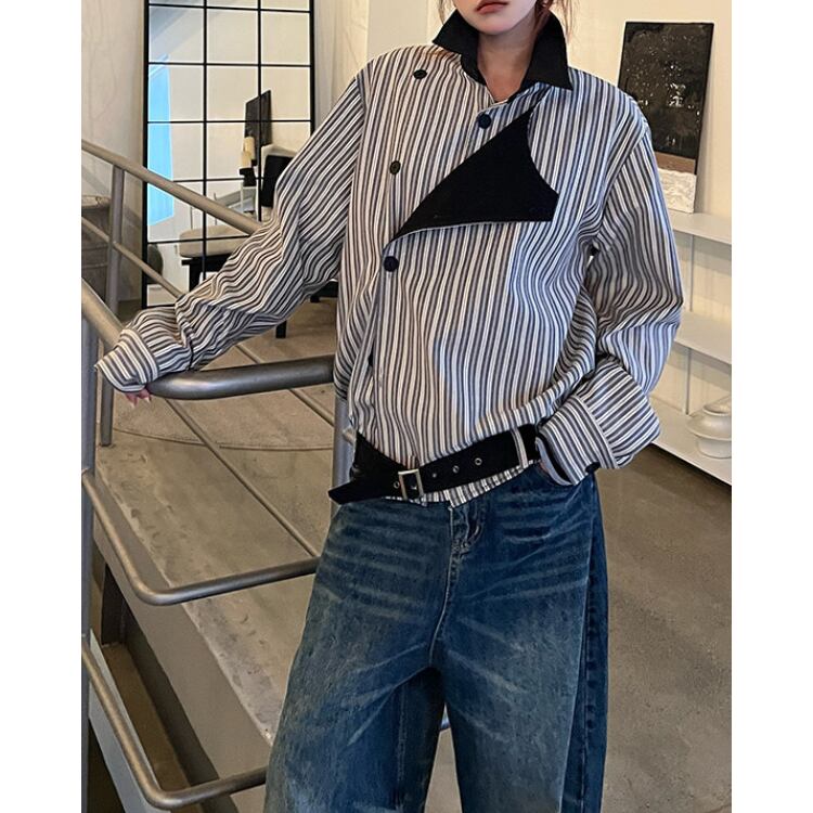 アシンメトリーデザイン ストライプ シャツジャケット L60026