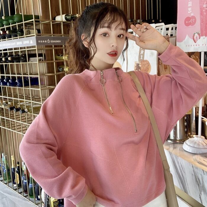 ハーフジッパーショートセーター2020新しい女性のシックなサマードレスルーズスタンドカラープルオーバードローストリングウエストトップ YY-ファッション73946321455