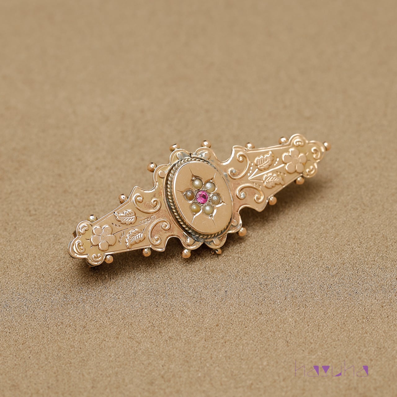 アンティーク 9Kゴールド 合成ルビー シードパール バーブローチ