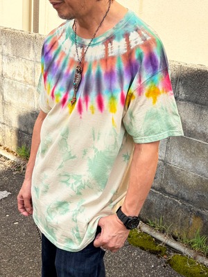 タイダイ Tie-dye Tシャツ XLサイズ ベージュ×ライトグリーンムラ染め ネイティブダイ Hippies Dye HD26-50