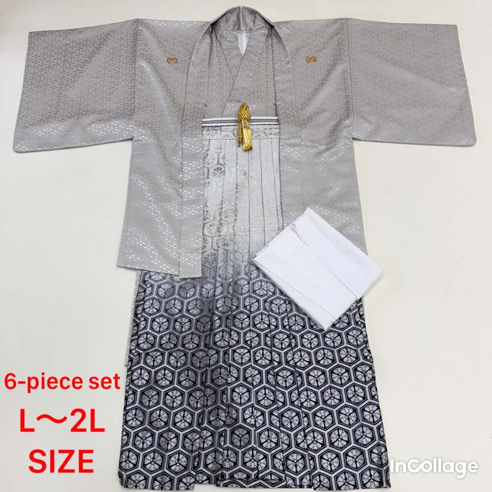 紋付袴 6点セット 着物 羽織 袴 長襦袢 羽織紐 角帯 裄71.8cm 袴丈89.5cm L~2L グレー 五つ紋 中古 4498