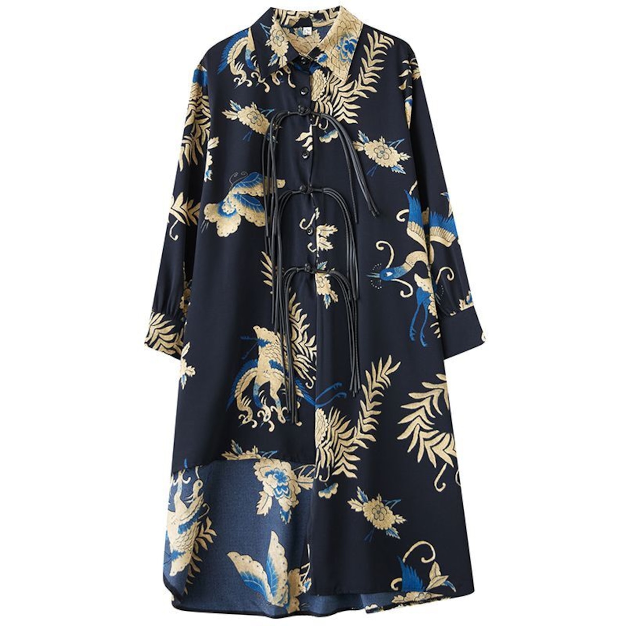 アシンメトリーヘム 紐装飾 ロングシャツ 00073