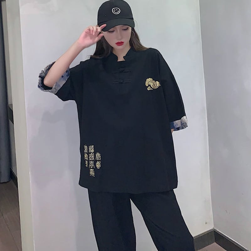 サブカル 服 地雷系 通販 ツーピース レトロ 半袖Tシャツ イージーパンツ 刺繍 チャイナ服 中華服 闇かわいい