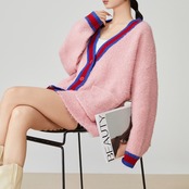 Vネック パッチワークカーディガン H0041