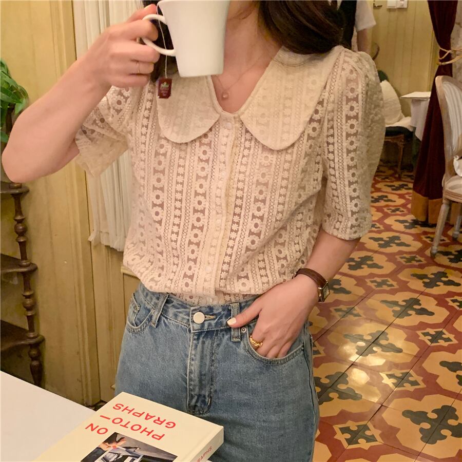 レースカラーショートシャツ サマーFlowerデザイン 半袖スリーブトップス ハーフスリーブ 夏物 フラワーデザイン ビッグFスモールZ韓国44917940138