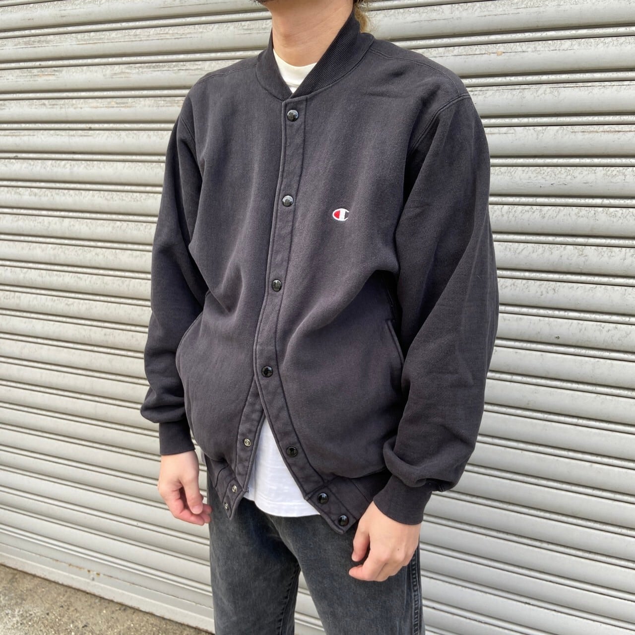 90s USA製 Champion リバースウィーブスナップカーディガン 黒 M