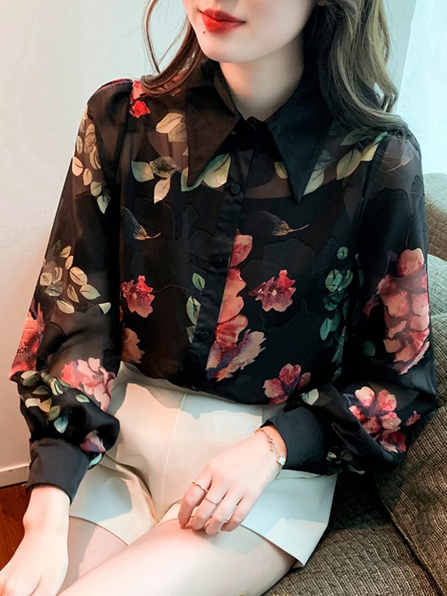 トップス シャツ ブラウス ミディアム丈 ミドル丈 レギュラー丈 長袖 ボリューム袖 パフスリーブ 襟付き ルーズ ワイド 切り替えデザイン 裾イン シフォン 前開き 透け感 薄手 異素材MIX サテン かわいい 大人可愛い カジュアル おしゃれ ラフ 個性的 柄 花柄 フラワー ボタニカル 春 夏 秋 冬 オールシーズン シーズンレス 10代 20代 30代 40代 レディース 学生 通学 デート お出かけ 女子会 休日 旅行 ショッピング 着回し 普段使い 重ね着 楽ちん ゆったり ゆる ブラック