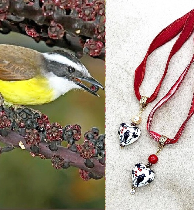 鳥と赤い実ハートネックレスI