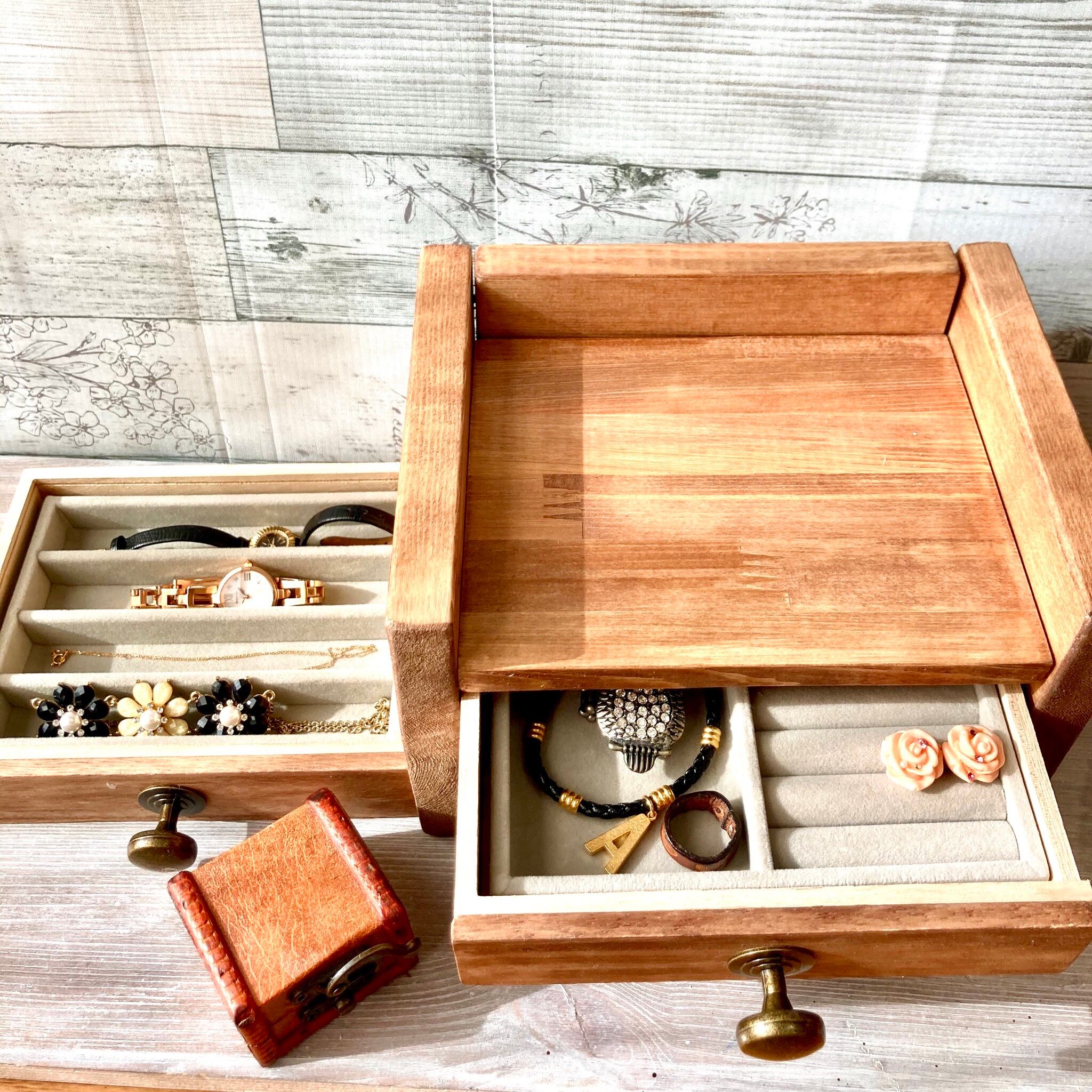 アクセサリー収納ボックス アンティーク風 レトロ 木製 2段 引き出し