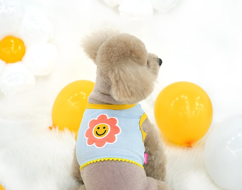 smile flower crop top S ~ XL 2color / 犬服 春夏 新作 可愛い 犬の服 Tシャツ ショート丈 トップス crop top おぱんつカット お揃い ドッグウェア 涼しい ストレッチ カラフル top159