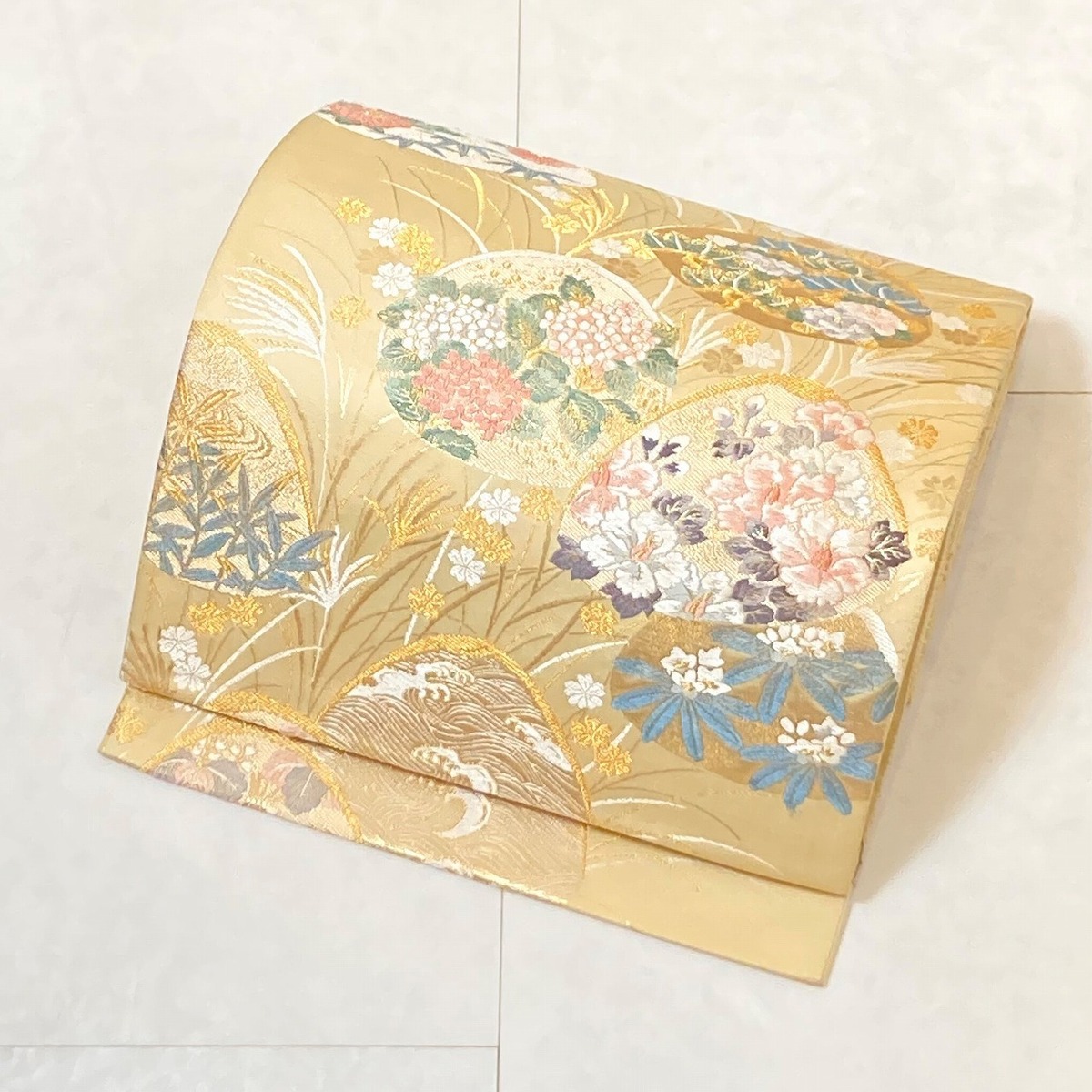 唐織り 風舞花の宴 貝合わせ 袋帯 金糸 正絹 クリーム色 白 ピンク 青 