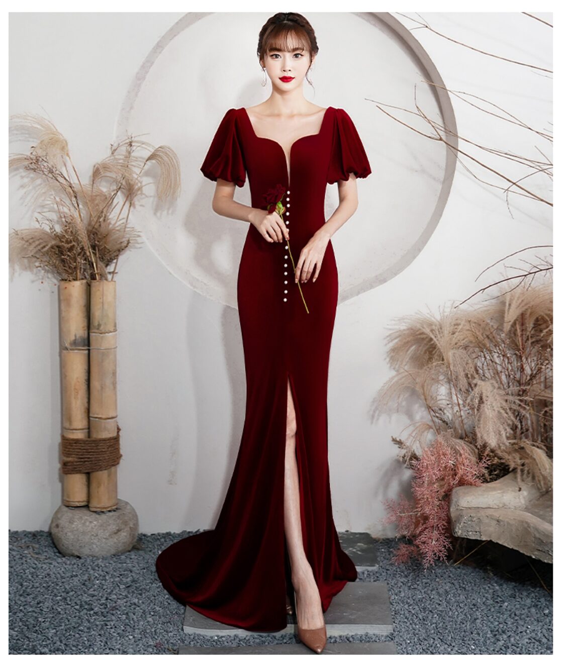 豪華！パーティードレス ワインレッド 高級ベロア スリット マーメイド  