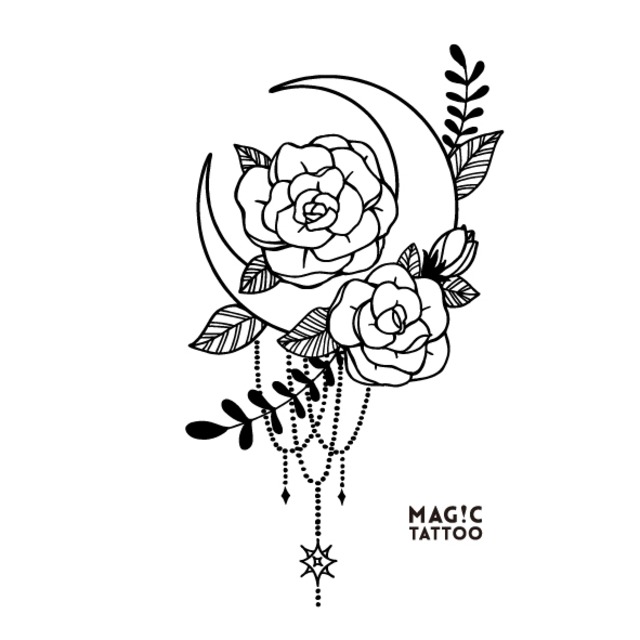 No.197_Moon&flowers/ 2週間肌を染める MAG!C TATTOO,マジックタトゥー,消えるタトゥー,ジャグアタトゥー