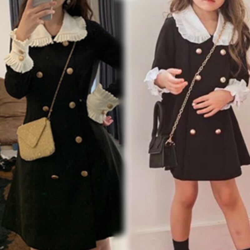 親子ペア お揃い ワンピース キッズワンピース ミニ丈 袖レース 袖あり 長袖 金ボタン 大人可愛い かわいい きれいめ おしゃれ ラブリー キュート ガーリー 春 秋 誕生日 フォーマル 女子会 10代 20代 30代 レディース 女性用 お出かけ ホテル子供 キッズ M ブラック 親子ペア お揃い ワンピース キッズワンピース ミニ丈 袖レース 袖あり