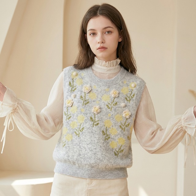 Crochet crew neck layered knit vest【2col】00298