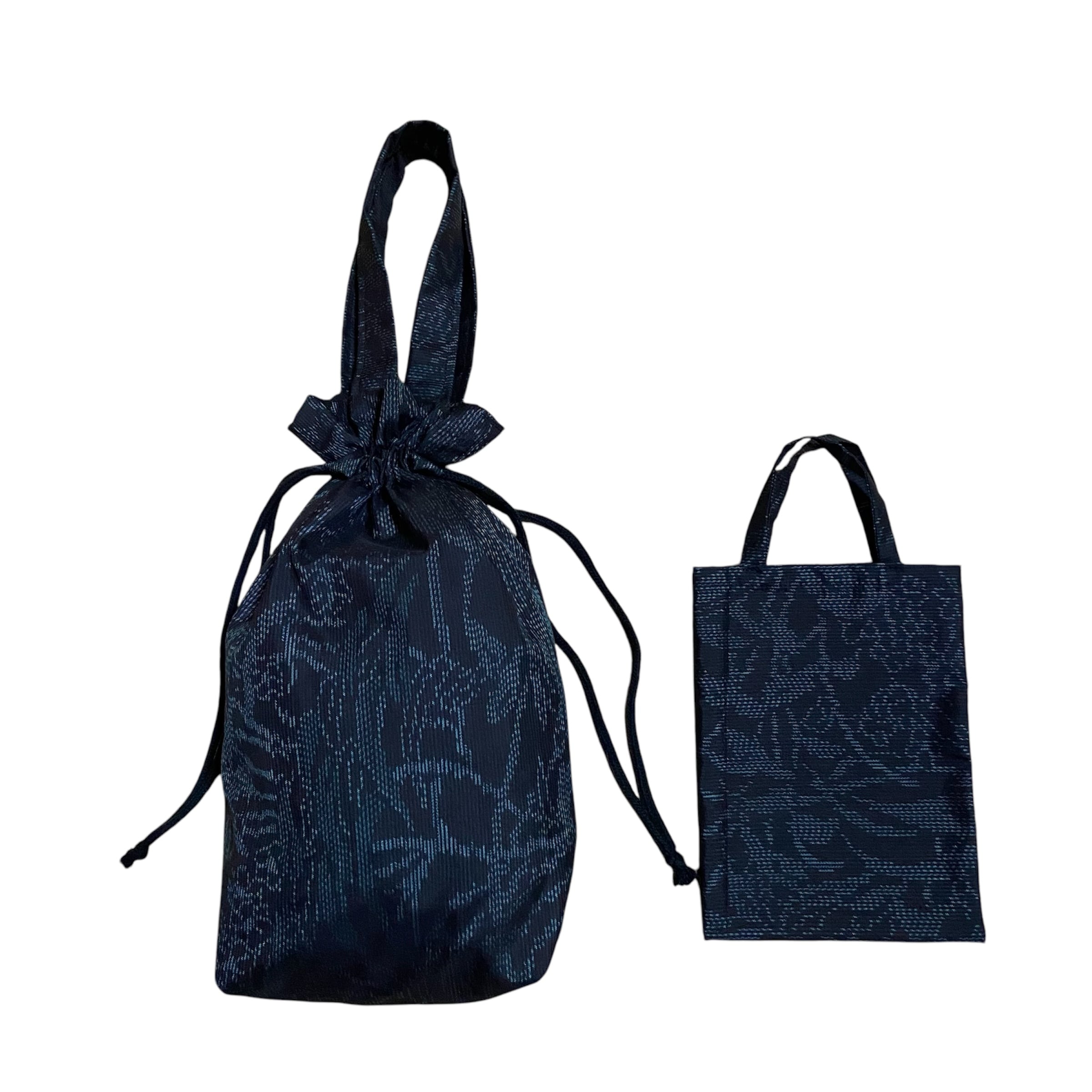 着物リメイク バッグセット 巾着ハンドバッグ 文庫本トート 草木文様