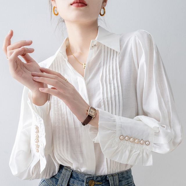 Frill pearl sleeve pleated blouse A997