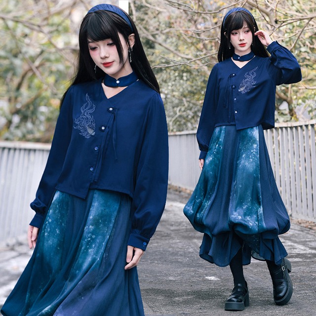 【古怪舍---浮光鰭夢シリーズ】★チャイナ風トップス★ 刺繍入り シャツ 長袖 中華服 オリジナル ブルー 青い