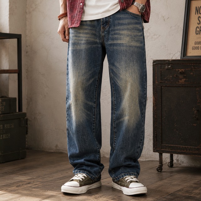 Vintage washed damage straight denim pants 00460