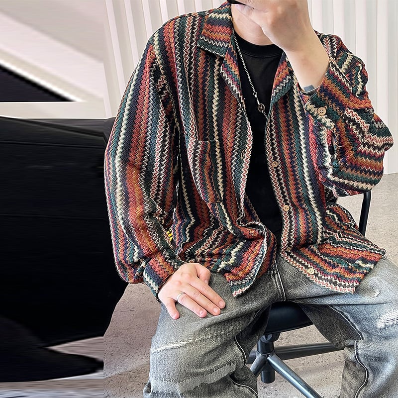 Medaigual透かし編みストライプキューバシャツ