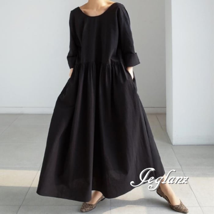 マキシ ギャザー ワンピース ドレス ゆったり カジュアル派 2色(M7730)γα