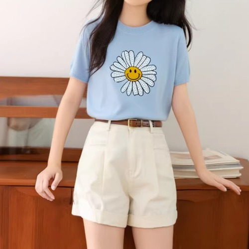 フラワーモチーフハーフスリーブニットトップス ・76071