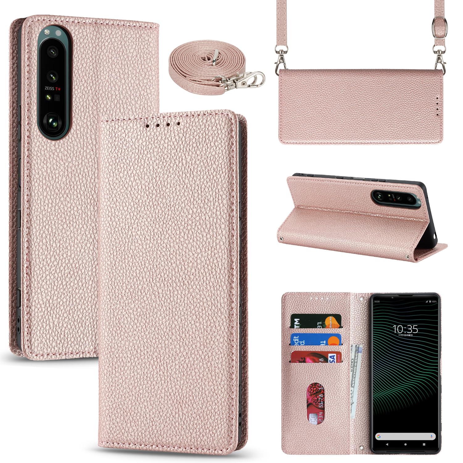 【Hamany】 対応 xperia 1 ii ケース スマホ ショルダー エクスペリア1 ii ケース 手帳型 カード収納 -ローズゴールド